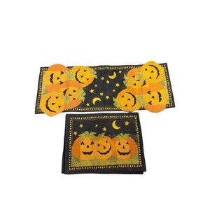 Halloween 6 Placemats Table Runner 35” x 15” Grinning Jack O Lanterns Candy Corn